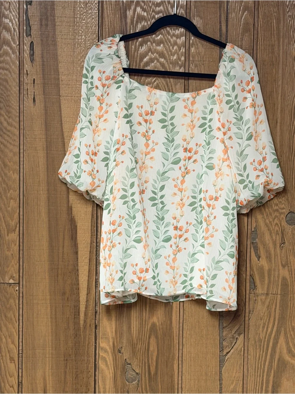 Square-Neck Puff-Sleeve Blouse in White with Orange Floral & Green Leaves